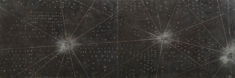 <p>Armin Boehm<br /><br />The Great Gig in the Sky, 2008<br />Oil, lacquer, asphalt, aluminium, metal powder on canvas<br />180 x 540 cm, 2 parts</p>
